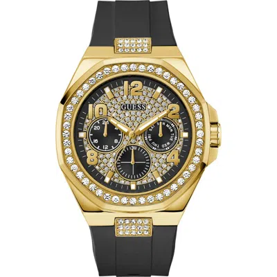 Guess Crystal Detail Multifunction Silicone Strap Watch, 46mm In Black