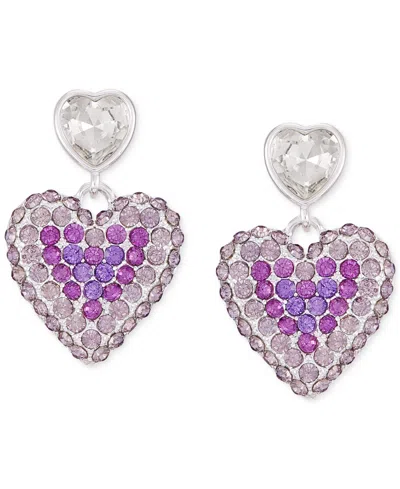 Guess Crystal Double Heart Linear Earrings In Silver