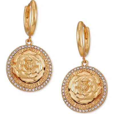 Guess Crystal Halo Rose Drop Huggie Hoop Earrings In Gold