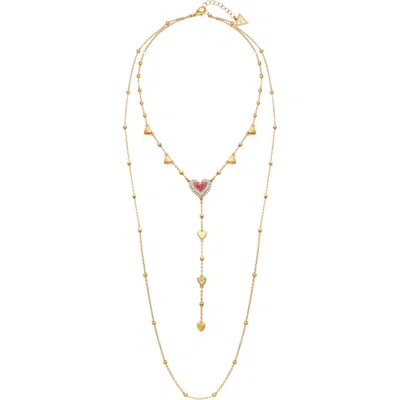 Guess Crystal Heart Layered Chain Necklace In Gold