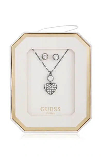 Guess Crystal Heart Pendant Necklace & Stud Earrings Set In Metallic