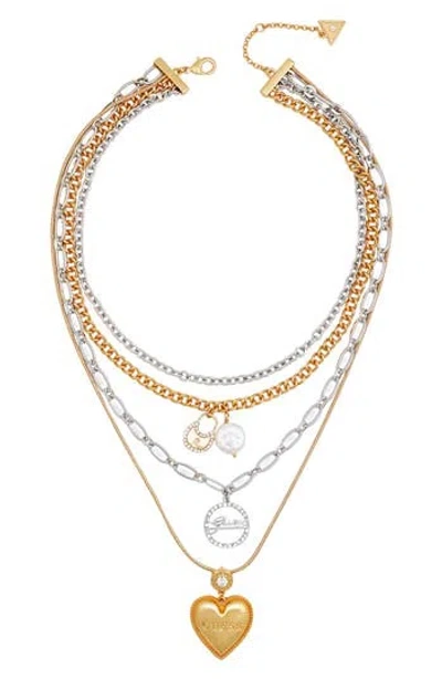 Guess Crystal Pendant Two-tone Layered Necklace In Multi