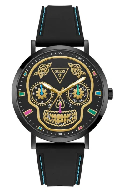 Guess Day Of The Dead Black Multifunction Silicone Strap Watch, 44mm