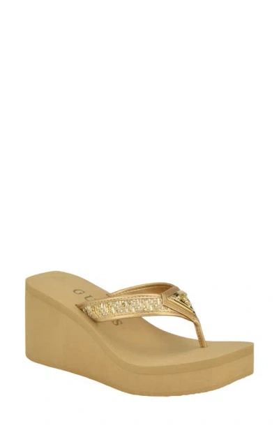 Guess Demmey Platform Wedge Flip Flop In Gold