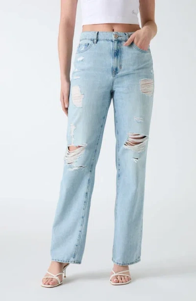 Guess Distressed High Waist Straight Leg Jeans In Blue