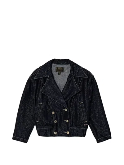 Guess Kids' Double-breasted Cropped Jacket In Blue