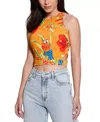 Guess Eco Shayna Crop Top Women's Orange Floral Stretch Cut Out Fts1340 In Orange
