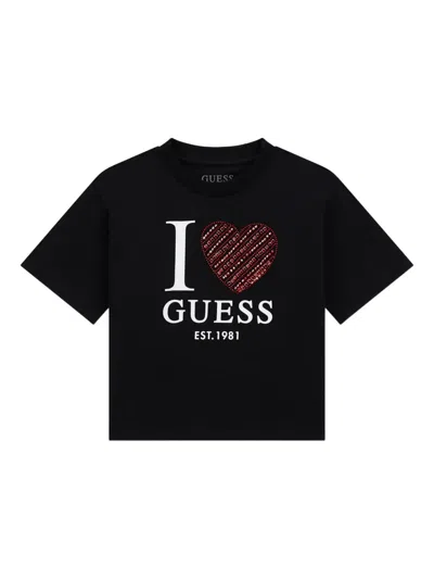 Guess Kids' Embellished Heart-graphic T-shirt In Black