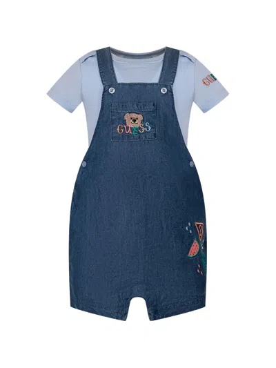 Guess Babies' Embroidered Dungaree Shorts Set In Blue