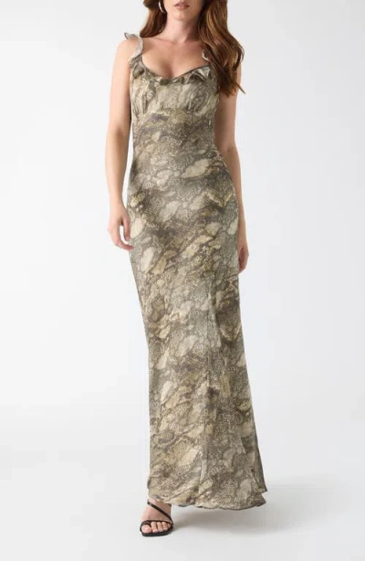 Guess Emy Snake Print Ruffle Maxi Dress In Green