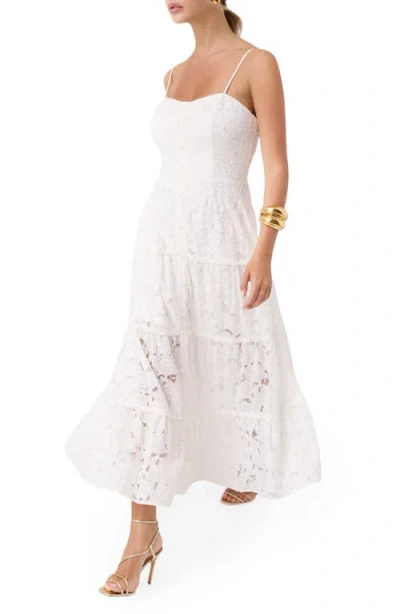 Guess Evelyn Beaded Lace Tiered Midi Dress In White