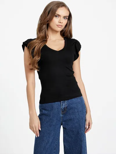 Guess Factory Ariel Ribbed Ruffle Top In Blue