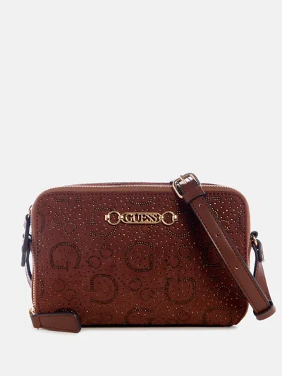 Guess Factory Avelina Rhinestone Logo Double-zip Crossbody In Brown