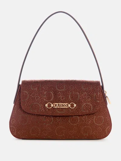 Guess Factory Avelina Rhinestone Logo Shoulder Bag In Brown
