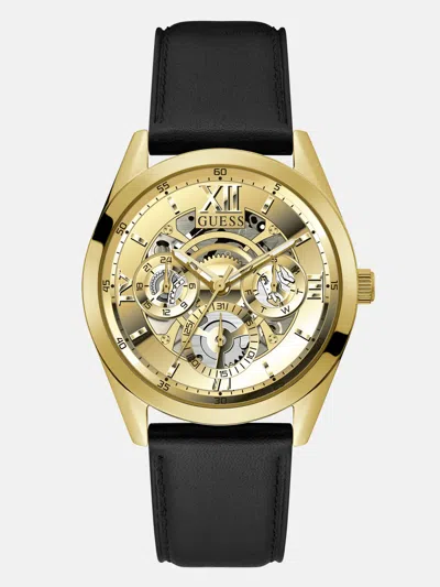 Guess Factory Black And Gold-tone Leather Multifunction Watch