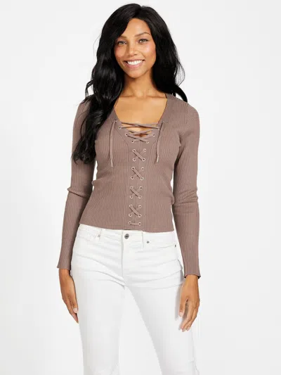 Guess Factory Cody Lace-up Sweater In Brown