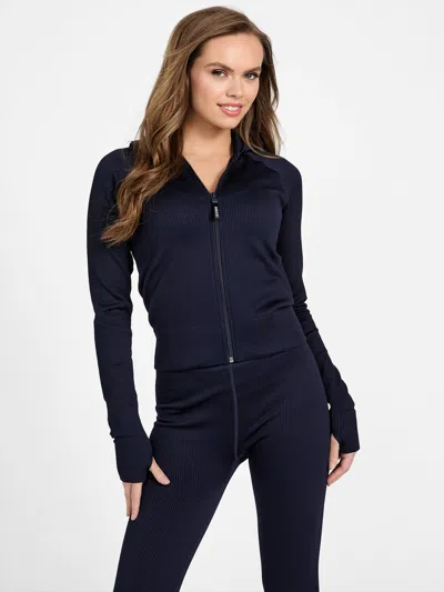 Guess Factory Cordova Rib-knit Zip Jacket In Blue