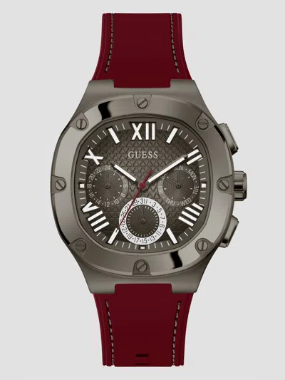 Guess Factory Dark Silver-tone And Burgundy Silicone Multifunction Watch