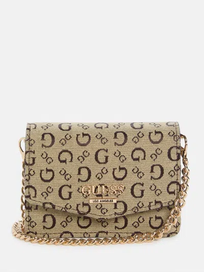 Guess Factory Deerfield Jacquard Logo Micro Crossbody In Brown