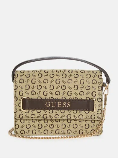 Guess Factory Deerfield Jacquard Logo Mini Crossbody In Brown