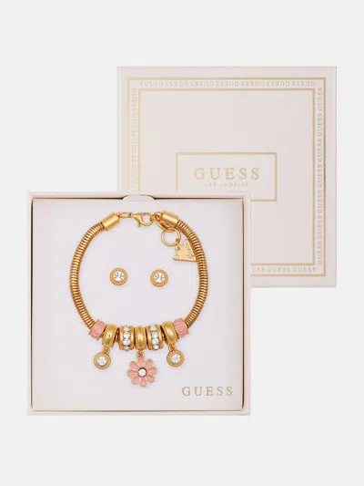 Guess Factory Demi Gold-tone Flower Charm Bracelet And Earrings Box Set