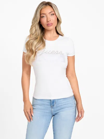 Guess Factory Eco Kaia Beaded Logo Tee In White
