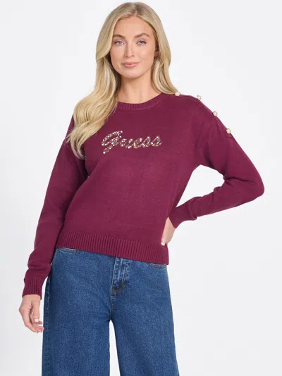 Guess Factory Erin Beaded Logo Sweater In Red
