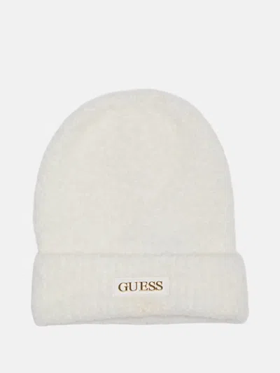 Guess Factory Faux-leather Logo Patch Beanie In Beige