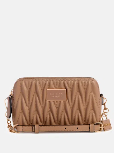 Guess Factory Fluer Mini Double-zip Crossbody In Brown