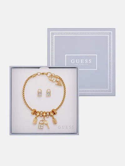 Guess Factory Gold-tone Lock Charm Bracelet And Earrings Box Set