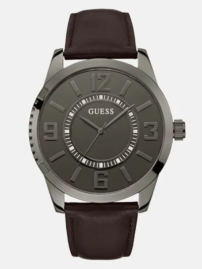 Guess Factory Gunmetal Leather Analog Watch In Black