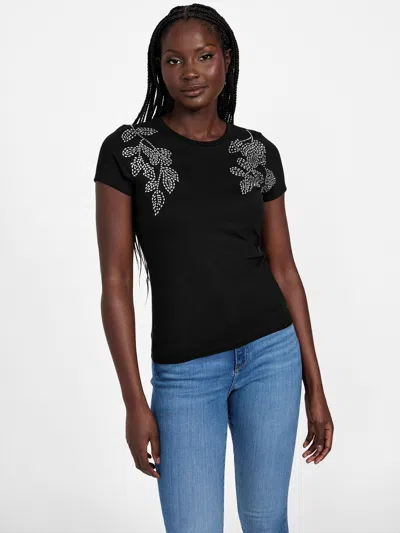 Guess Factory Julianne Floral Rhinestone Tee In Black