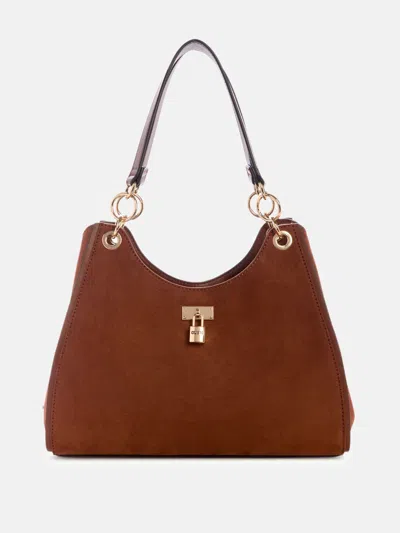 Guess Factory Kaline Faux-suede Satchel In Brown