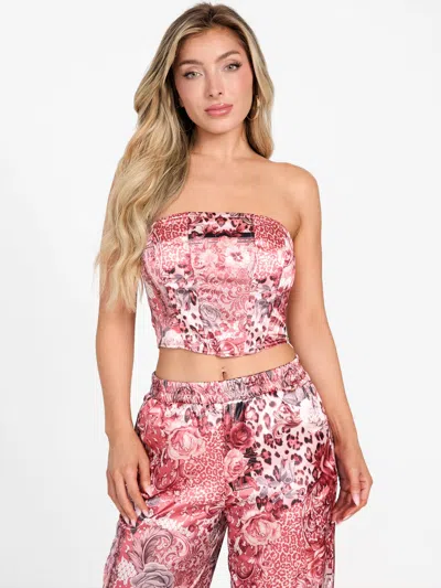 Guess Factory Karly Printed Satin Strapless Top In Pink