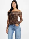 Guess Factory Lacey Mesh Off-the-shoulder Top In Brown