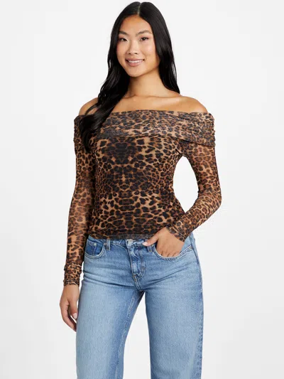 Guess Factory Lacey Mesh Off-the-shoulder Top In Brown