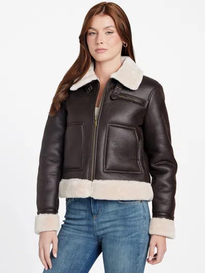 Guess Factory Lily Faux-leather And Shearling Jacket In Brown
