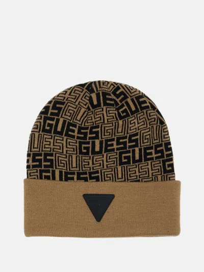 Guess Factory Logo Beanie In Brown
