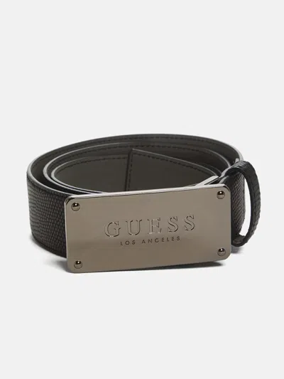 Guess Factory Logo Plaque Textured Belt In Black