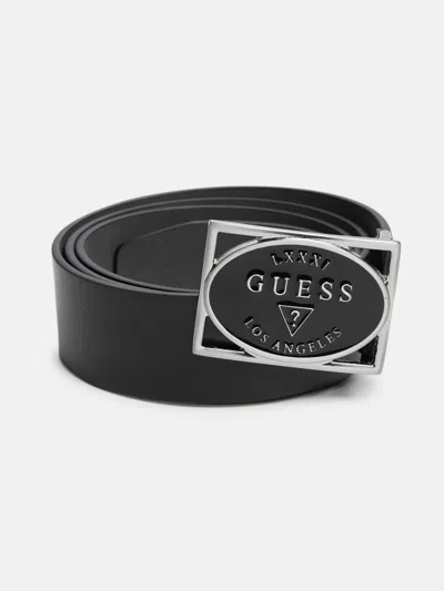 Guess Factory Logo Plaque Textured Belt In Black