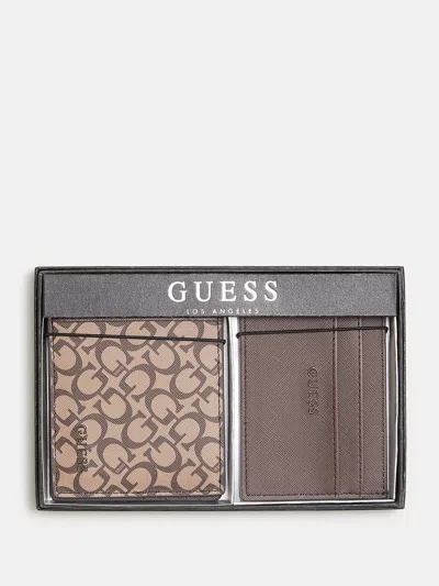 Guess Factory Logo Print Wallet Box Set In Brown