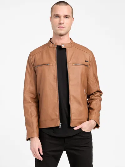 Guess Factory Mack Faux-leather Moto Jacket In Beige