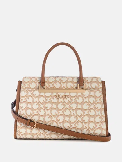 Guess Factory Marva Jacquard Logo Satchel In Sand