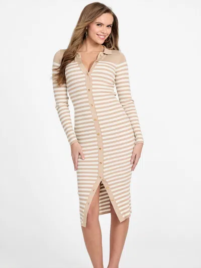 Guess Factory Mia Striped Polo Sweater Dress In Beige
