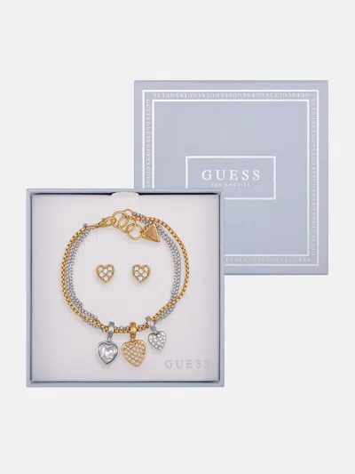 Guess Factory Mixed-tone Heart Layered Bracelet And Earrings Box Set In Silver