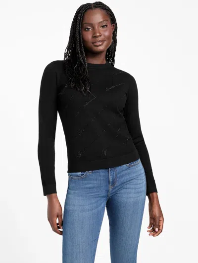 Guess Factory Peggy Rhinestone Logo Sweater In Black