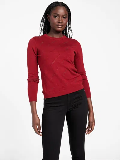 Guess Factory Peggy Rhinestone Logo Sweater In Red