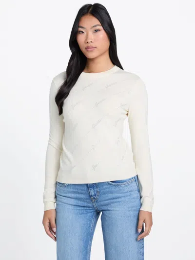 Guess Factory Peggy Rhinestone Logo Sweater In White