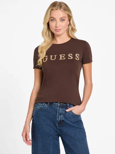 Guess Factory Pepper Metallic Logo Tee In Brown