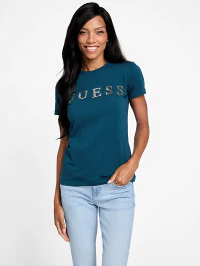 Guess Factory Pepper Metallic Logo Tee In Blue